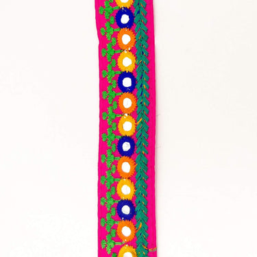 Fuchsia Pink Indian Mirror Trim Kutch Embroidered Navratri Garba Dress Trim Bridal Lace, Sari Border 35 mm Wide Trim Per 3 Yards